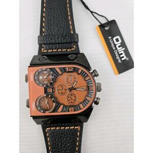 New With Tags OULMS Mens Quartz Leather Strap Watch 3 Time Zone Quartz Watch